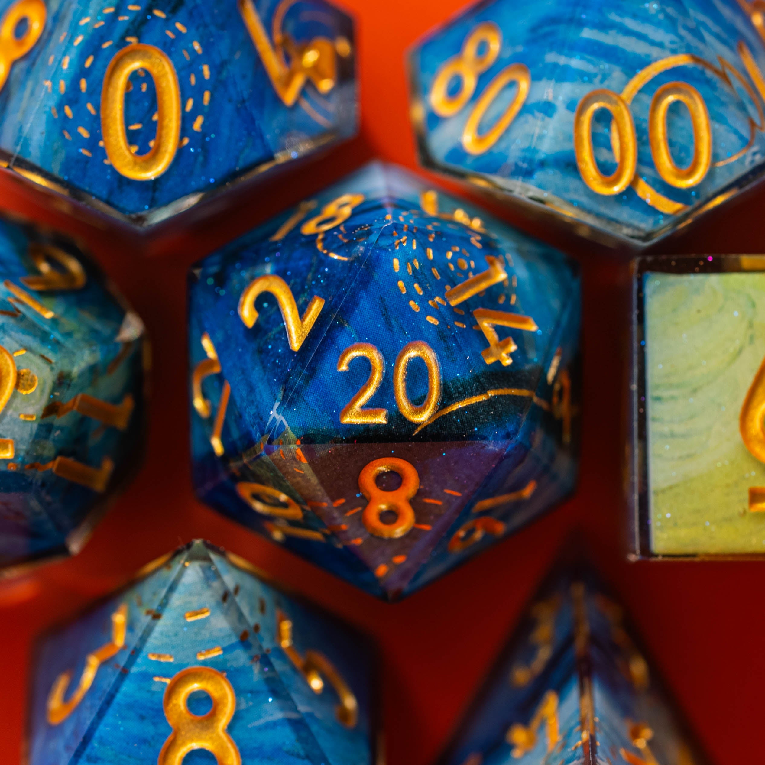 Set De 8 Dés JDR Ciel Étoilé – Sac Velours – D4 D8 D10 D12 D20 – Acrylique Rouge – Pour DND, MTG, RPG